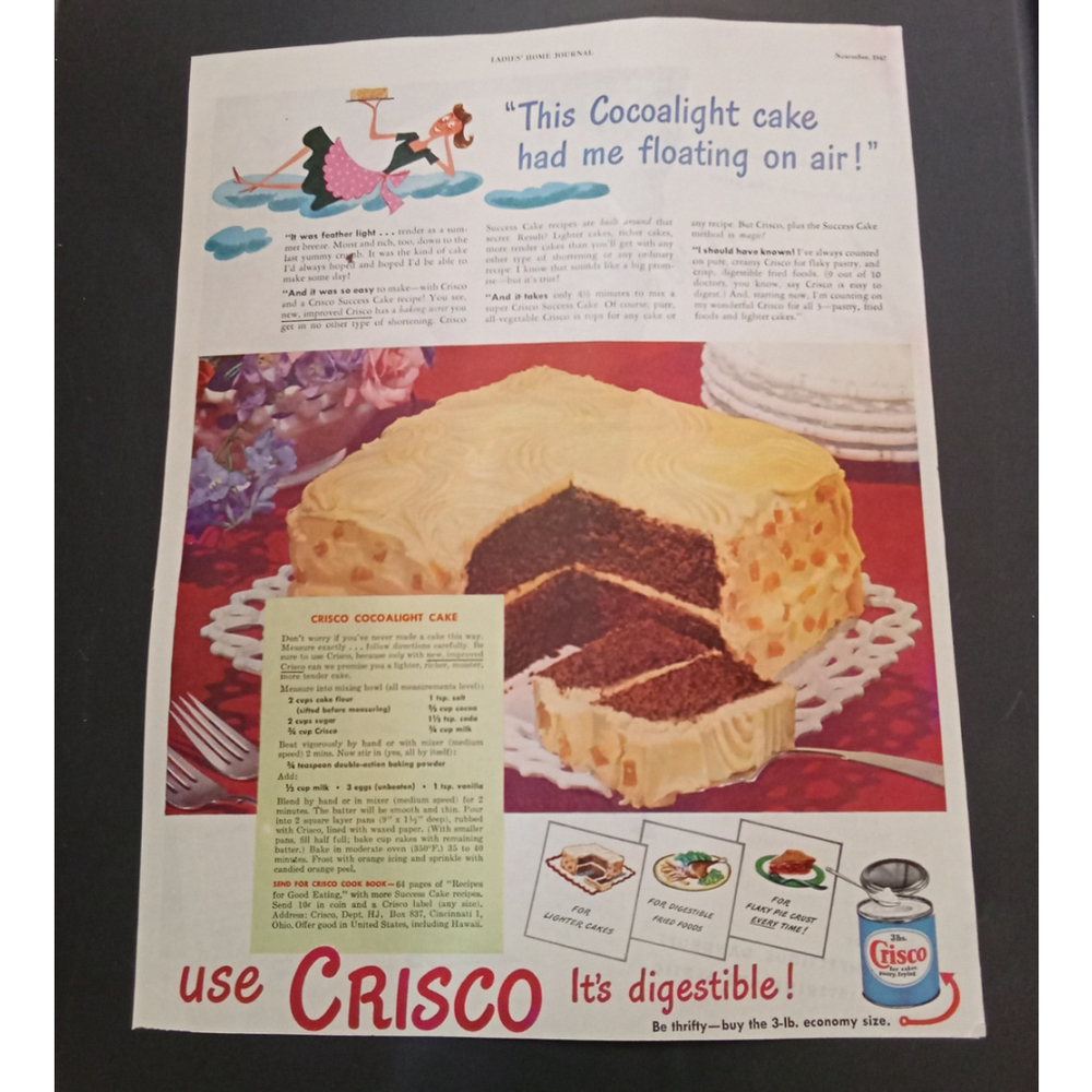 1947 Crisco Shortening Print Ad Cocoalight Cake Recipe Farmhouse Kitchen Decor